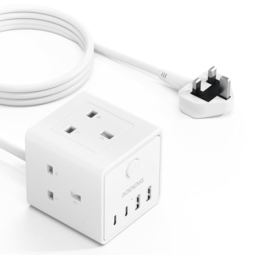 3M Extension Lead with 4 USB, 3 Way Multi Plug Extension Socket with 2 USB A 2 USB C, Desktop Power Extension Cable for Home Office Travel