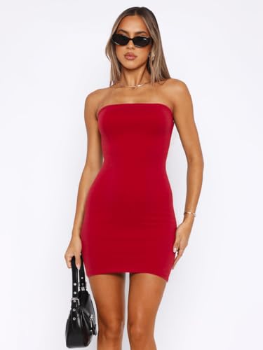Image of YOXUA Women's Casual Basic Sleeveless Stretchy Basic Bodycon Short Dress Tube Top Sexy Strapless Club Party Mini Dress