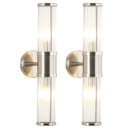 Image of Dual Sconce Vanity Set of 2, Brushed Nickel Wall Light with Clear Glass Rods Shape, Industrial Vanity Lighting for Bathroom Mirror and Modern Bedroom