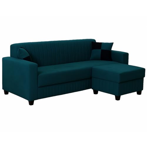 Image of Furny Grace 3 Seater Fabric Sofa Set with Ottoman (Greenish Teal) | Soft Velvet Fabric | Modern Design | Comfortable Seating | Living Room Furniture