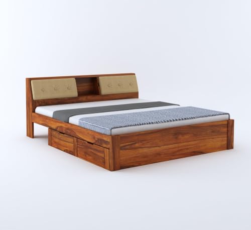 Image of TG Furniture Sheesham Wood King Size Bed with Pullout Storage | Wooden Double Bed with 2 Drawer Storage for Bedroom Platform Cot Bed Palang | 78 * 72 Inch (Natural Finish)