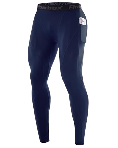 Roadbox Men's Compression Pants Running Tights, Workout Athletic Leggings, Quick Dry Gym Basketball Baselayer with Pockets Navy Blue