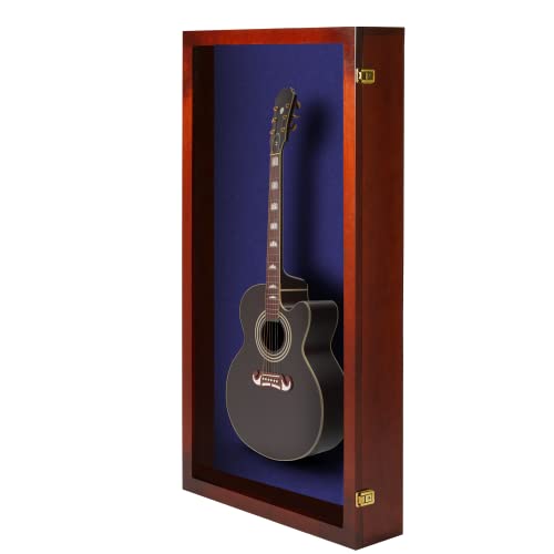 PENNZONI Extra Large Acoustic Guitar Display Case - Wall Mount Display Case for Acoustic/Electric Guitars - Ultra Clear Acoustic Guitar Solid Wood Frame Display Case | Cherry, Blue Felt