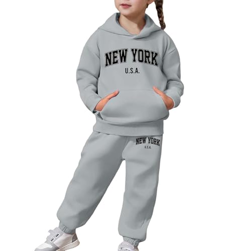 Girls Sweatsuit Set New York Letter Print Pullover Hoodie Sweatshirt and Jogger Sweatpants 2 Piece Fall Outfit 2-13Years2
