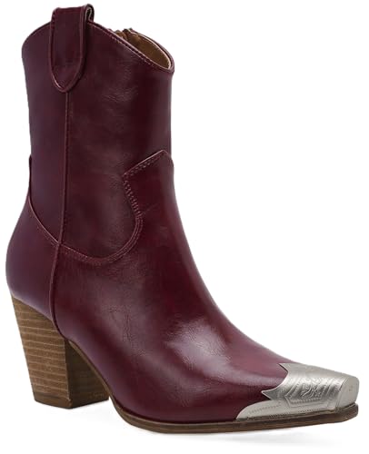 Western Metal Toe Ankle Boots Cowboy Boots for Women Cowgirl Boots Pointed Toe Zipper Boots Stacked Heel Boots