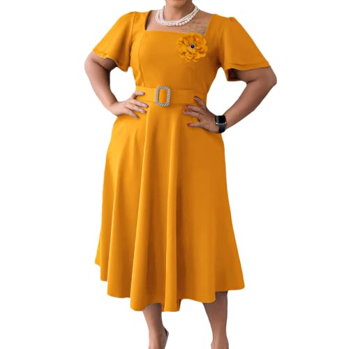 Elainone Women's Ruffle Short Sleeve Swing A Line Dress Party Wedding Guest Dressy Semi Formal Business Casual Dresses