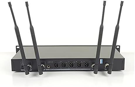 Rear view of the receiver unit, showing four XLR outputs, a 1/4 inch mixed output, and antenna connections.