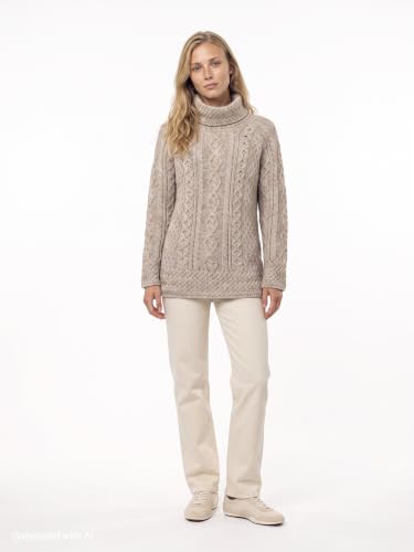 Image of Carraig Donn - Ladies - 100% Soft Merino Wool - Cable Knit Sweeter Vented Roll Neck Irish Jumper