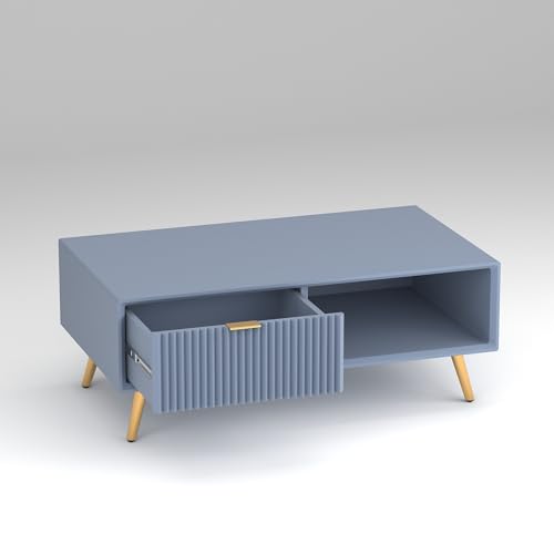 Image of ONIJA Modern Coffee Table for Living Room | HDMR Premium Wood Center Table with Storage Shelf | Matte Finish Coffee Table | Wooden Tea Table with Sturdy Legs (Slate Blue)