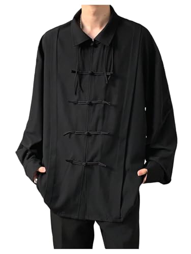 Floerns Men's Chinese Traditional Tang Suit Long Sleeve Frog Button Front Blouse Shirts