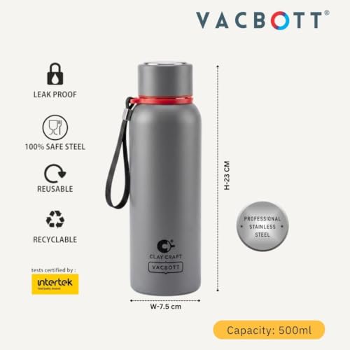 Image of Clay Craft Evevrest 500 Ml Double Wall Vacuum Insulated Stainless Steel Water Bottle | 24 Hrs Cold & 18 Hrs Hot | 1 Year Limited Warranty | AIRITIGHT, BPA-Free | BIS Certified| Made In India (Grey)