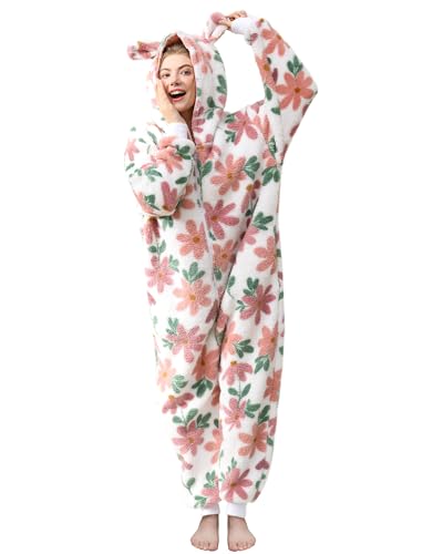 Focupaja Damen Fuzzy Pyjamas mit Kapuze Erwachsene Onesie Reißverschluss Warmes Fleece Gedruckt Weihnachten Winter Schlafanzug Blumen und Blätter M