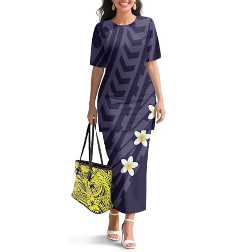Image of Polynesian Dress for Women Short Sleeve High Waist Maxi Skirt | Puletasi dress, t-shirt and skirt two-piece, elastic material, lightweight, soft, plus size, luau party, wedding, clubwear