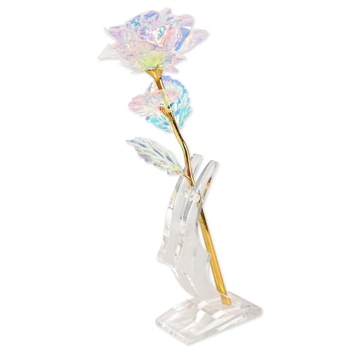 Fishtec - Rosa Eterna en Oro y Cristales - Rosa Brillante con Soporte Transparente - Idea de Regalo: San Valentín/Día de la Madre - Soporte Rosa y Caja Incluidos