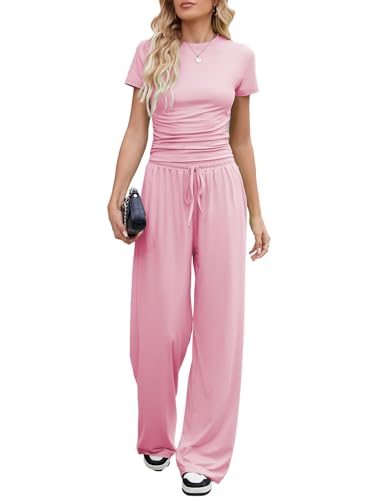 Nimsruc Women's 2 Piece Lounge Sets For Women Summer 2025 Ruched Short Sleeve Tops Wide Leg Pant Sets Tracksuit Pink XS