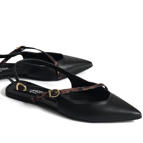 Image of LUMINOSA Women's Pointed-Toe Cross-Strap Flats - Black-Leopard Mix