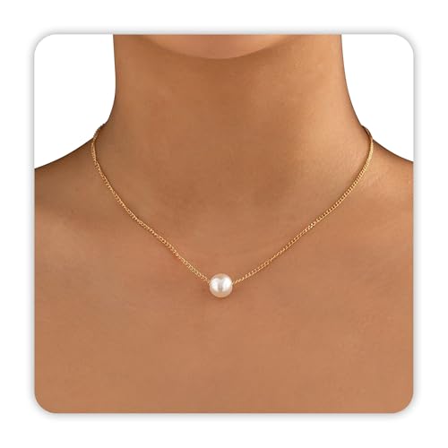 Single Pearl Necklace, 8MM Pearl Pendant Necklaces for Women 14K Gold Dainty Strands Necklace Simple Floating Pearl Charm Gifts for Women as Girlfriend Brides Birthday Gifts