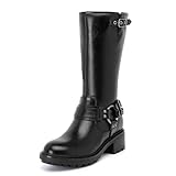 Ruiee Mid Calf Boots for Women Flat Casual Round Toe Fashion Calf High Boot Buckle Dressy Fall and Winter Low Heeled Womens Boots. 240973 Black PU Size8