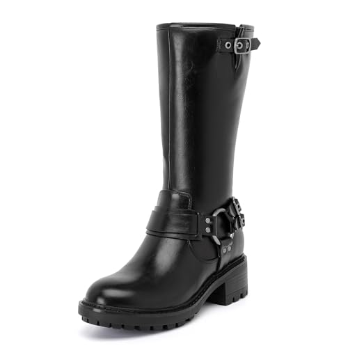 Mid Calf Boots for Women Flat Casual Round Toe Fashion Calf High Boot Buckle Dressy Fall and Winter Low Heeled Womens Boots. 9.5 Black Mf 973