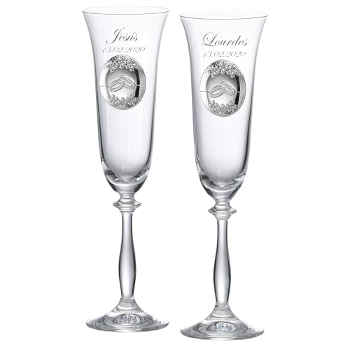 JOYERIA EL FARO Copas de Champán Personalizadas para Novios – Juego de 2 Copas Grabadas con Nombres y Fecha – Regalo de Boda o Aniversario para Pareja
