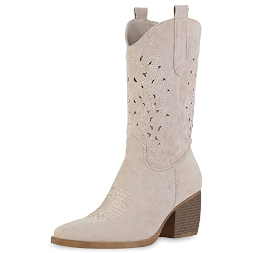 VAN HILL Damen Cowboystiefel Stiefel Schuhe Spitze Stickereien Cut-Outs...