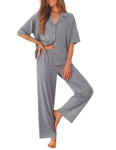 Image of Ekouaer Women Pajamas Set Button Down Sleepwear Short Sleeve Pjs Soft Comfy Nightwear with Long Pants S-XXL