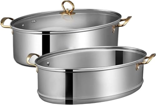 304 Stainless Steel Roasting Pan with Vented Glass Lid, Double Layer Fish Poacher Steamer & Stockpot, Ideal for Turkey, Home Kitchen, Includes Rack & Ceramic Pan