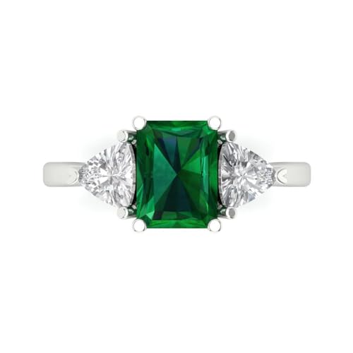 Clara Pucci 2.82 CT Emerald Cut Simulated Emerald Ring for Women in 14K White Gold, 3 Stone Proposal Wedding Anniversary Designer Bridal Ring, Womens Solid Gold Ring