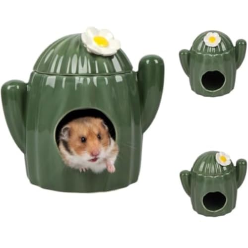 Wyazzivケージ内装小動物用ハムスター水飲み台座食器ハウス餌入れ安定陶器ボウル給水ボトルおしゃれサボテン型可愛いおもちゃペット用巣家休憩所アクセサリー付属品暑さ対策ストレス解消水漏れ防止サボテン台座3点セットグリーン/水飲み+台座+餌入れ