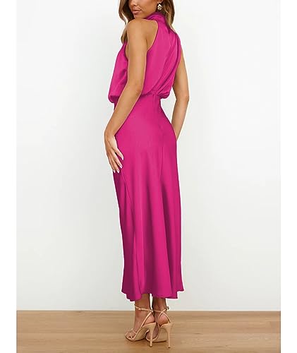 Image of Sexyshine Women's Elegant Halter Tie Neck Sleeveless Satin Long Dress Backless Split Cocktail Party Formal Wedding Maxi Dress
