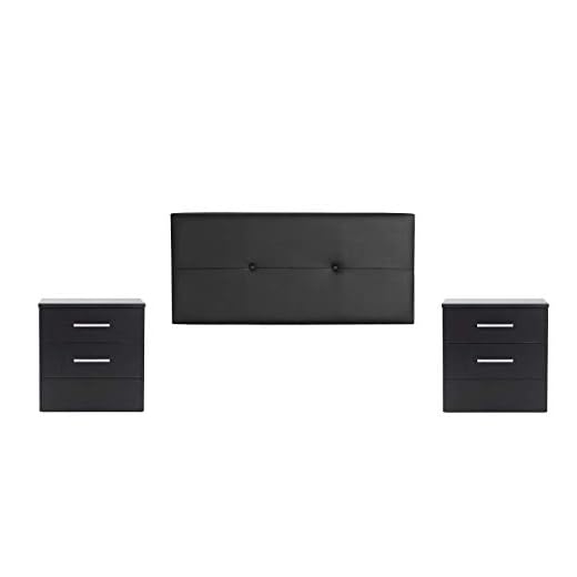 DHOME Cabecero + Dos mesitas de Noche, Conjunto Cabezal para Cama mas 2 mesillas, Pack Dormitorio en Diferentes tonalidades y Medidas (Botones 145cm + 2 Cajones, Negro)