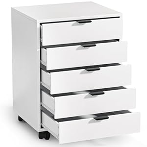 ELUCHANG Schubladenschrank, Rollcontainer, Mobiler Aktenschrank mit 5 Schubladen, Unter Schreibtisch SchrankBüro, Schubladenkommode für Zuhause Büro, Homeoffice, Weiß