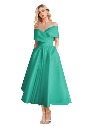 Image of Women's Off Shoulder Wedding Dress for Bride Tea Length A Line Satin Formal Prom Dresses with Pockets