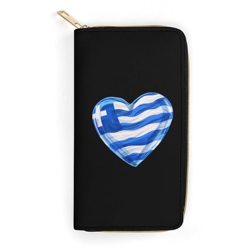 Greece Heart Art Flag Wristlet Wallets for Men Women Leather Purse Clutch Cute Card Holder