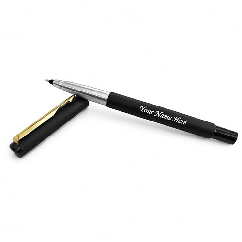 Image of SAVRI Personalized Parker Roller Pen - Name Engraved | Matte Black with Golden Clip | Valentine's Day, Corporate, Birthday Gift for Men, Women, Boss, Husband, Wife, Employee | Blue Ink Pen