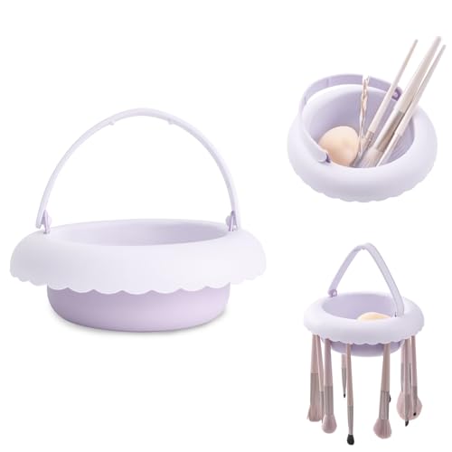 Makeup Brush Cleaner Mat with Handle, 3 in 1 Portable Silicone Makeup Brush Cleaner Bowl, Cosmetic Brushes Cleaning Tool Organizer for Storage and Air Drying, Purple