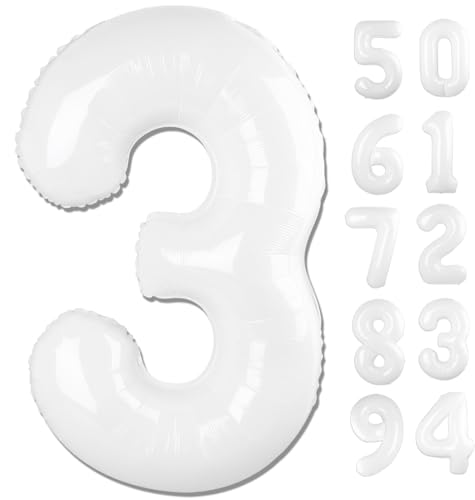 Image of White 3 Balloon, Translucent Number Balloons 40 Inch, 3rd Birthday Decorations, Men Women White Party Supplies for Party Decorations, Number 3 Balloon