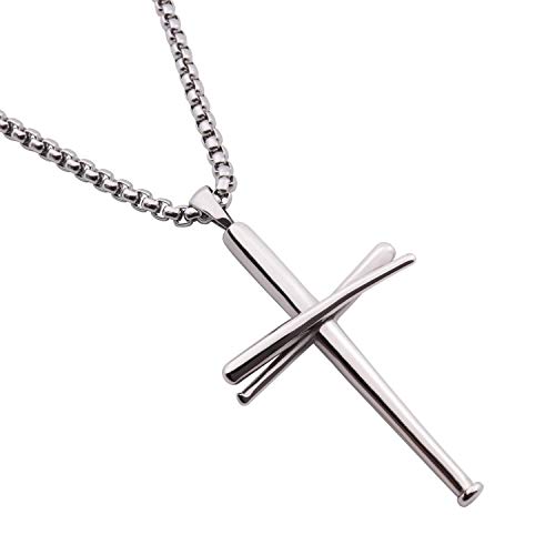 Baseball Bats Necklace Athletes Pendant Chain,Sport Stainless Steel Softball Necklace for Men Women Boys Girls,Silver 22 Inches