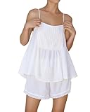 Xfileen Womens Summer 2 Piece Set Sleeveless Tie Straps Ruffle Trim Top and Shorts Sets Soft Cozy Pajamas Set