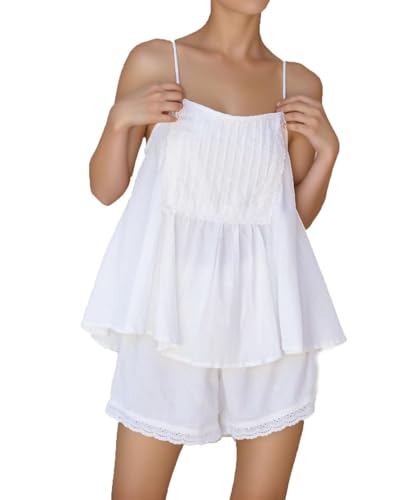 Womens Summer 2 Piece Set Sleeveless Tie Straps Ruffle Trim Top and Shorts Sets Soft Cozy Pajamas Set