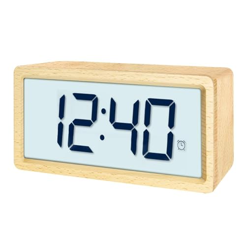 everwood Wooden Large Digital Alarm Clocks for Bedrooms with Large Number Display LCD Snooze Function, Battery Backup Operated