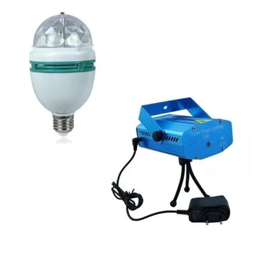 Kit festa contém lâmpada LED giratória colorida com luzes e mini projetor laser holografico