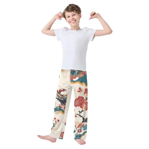 Chinese Bird Flowers Boys Long Pants Soft Trousers Elastic Waist Kids Lounge Bottoms with Pockets S-XL2