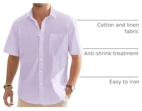 Image of J.VER Mens Linen Shirt Short Sleeve Button Down Casual Summer Shirts | Cotton Linen, Untucked, Big Tall, from Beach Camp Vacation, Cruise Fishing, Work Office, to Wedding Party Family, with Pocket