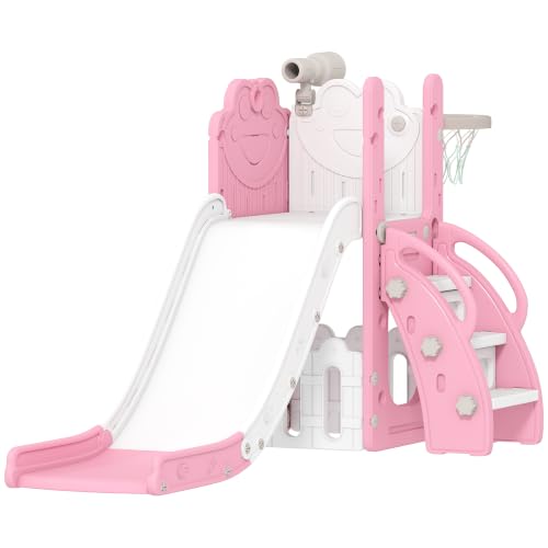 AIYAPLAY Kids Slide 5 in 1 Toddler Slide Set Frog Theme Ages 1-3 Pink