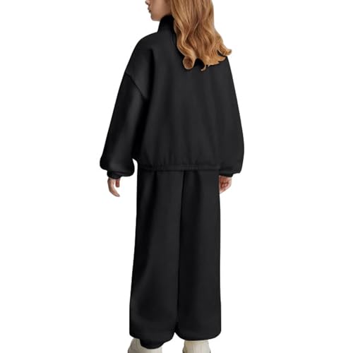 Girls Half Zipper Sweatshirts Set Plain Fleece 2 Piece Baggy Sweatpants Pullover Tops Sweatsuits (Black, 10-11 Years)2