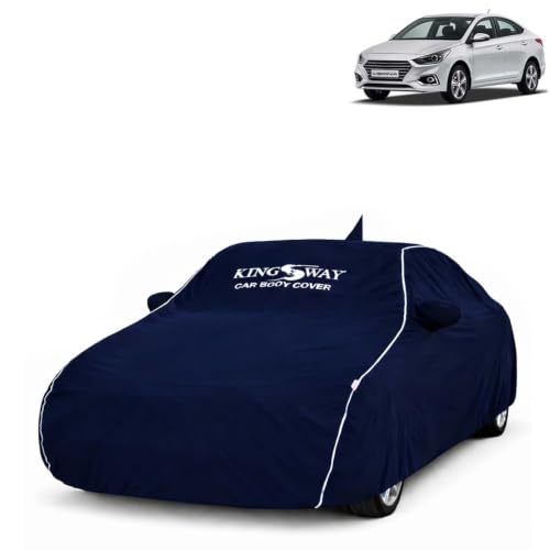 Image of KINGSWAY Super Waterproof Car Cover Only with Hyundai Verna (Year 2017 to 2019 - All Model) | Mirror and Antenna Pockets | All Weather Car Body Cover with Silver Piping | Blue