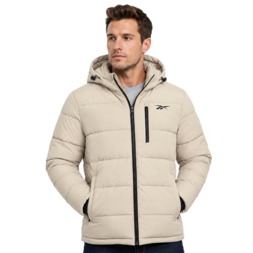 Image of Reebok Mens Quilted Puffer Jacket, Weather Resistant Hooded Winter Coat