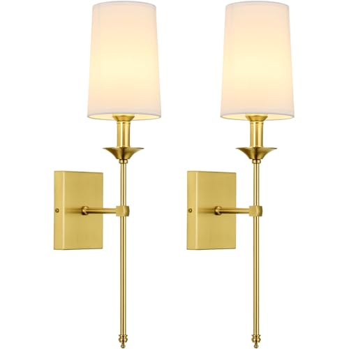 Image of Gold Wall Sconce Set of 2,Hardwired Bathroom Vanity Light Fixture with White Fabric Shade,Gold Sconce for Living Room Dining Room Fireplace Mantel