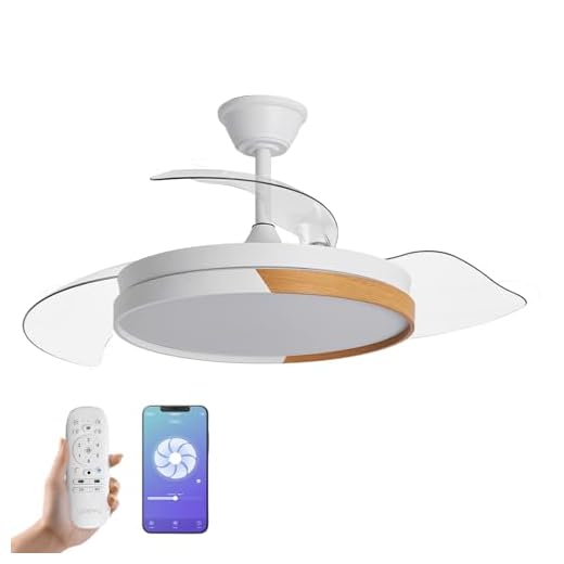 YOEVU NATURE WHITE | Ventilador de techo inteligente | Blanco y madera, aspas retráctiles, luz LED regulable, control WiFi | Compatible con Alexa Función invierno/verano